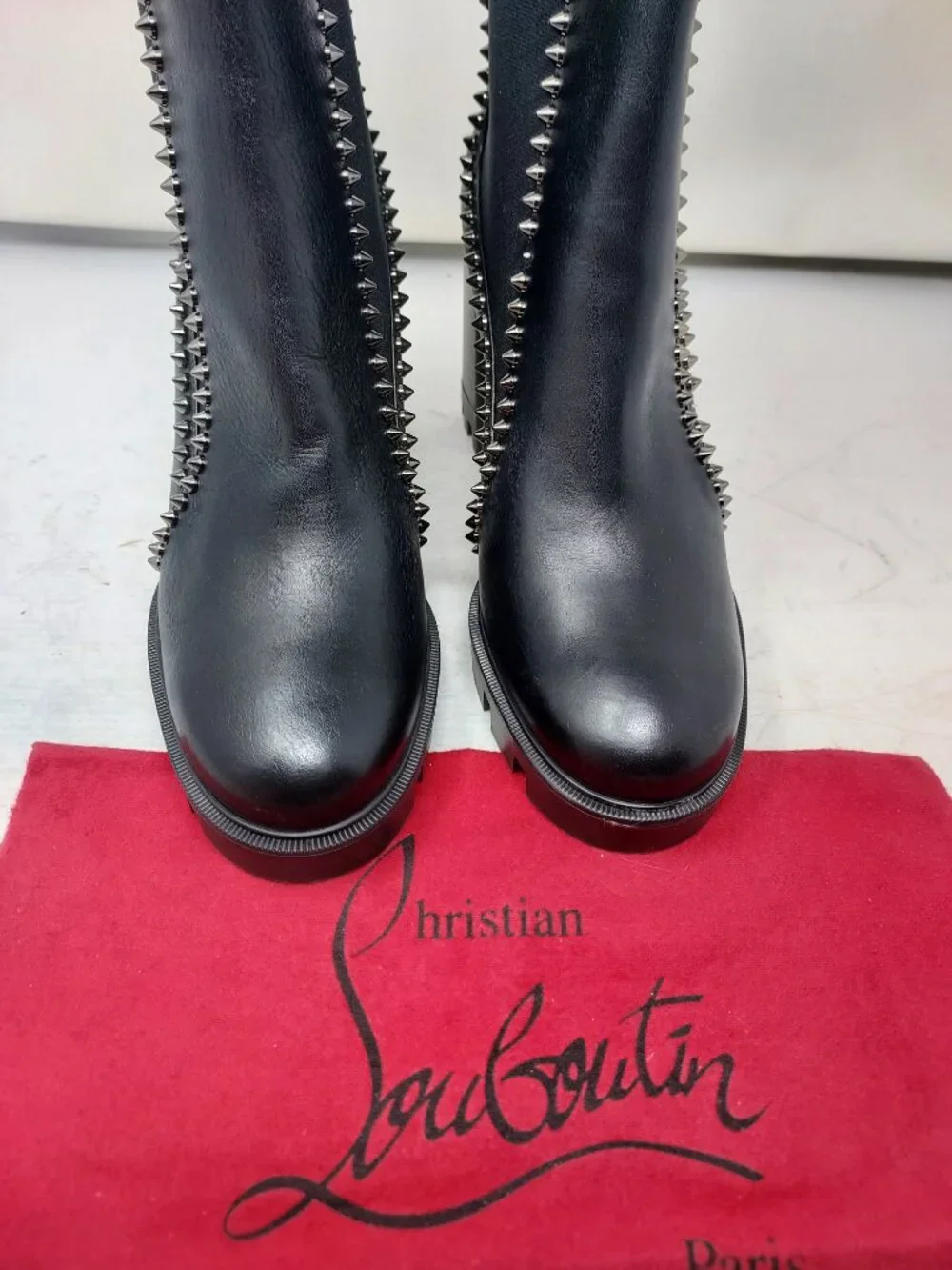 Christian Louboutin Black Out Line Stud Spike Lug Heel Leather Boot
